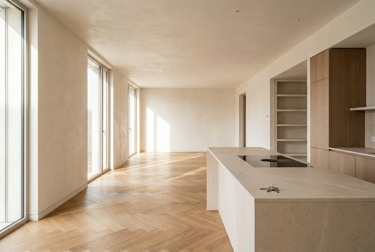 Finished entrance and material detail — travertine, graphite and concrete