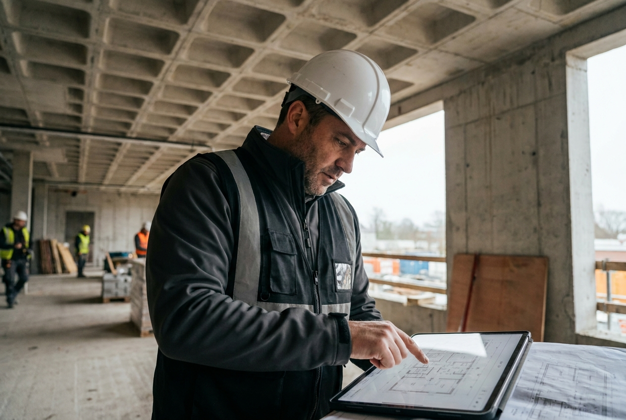 PARK PEAK project manager reviewing plans on site in a structurally complete building